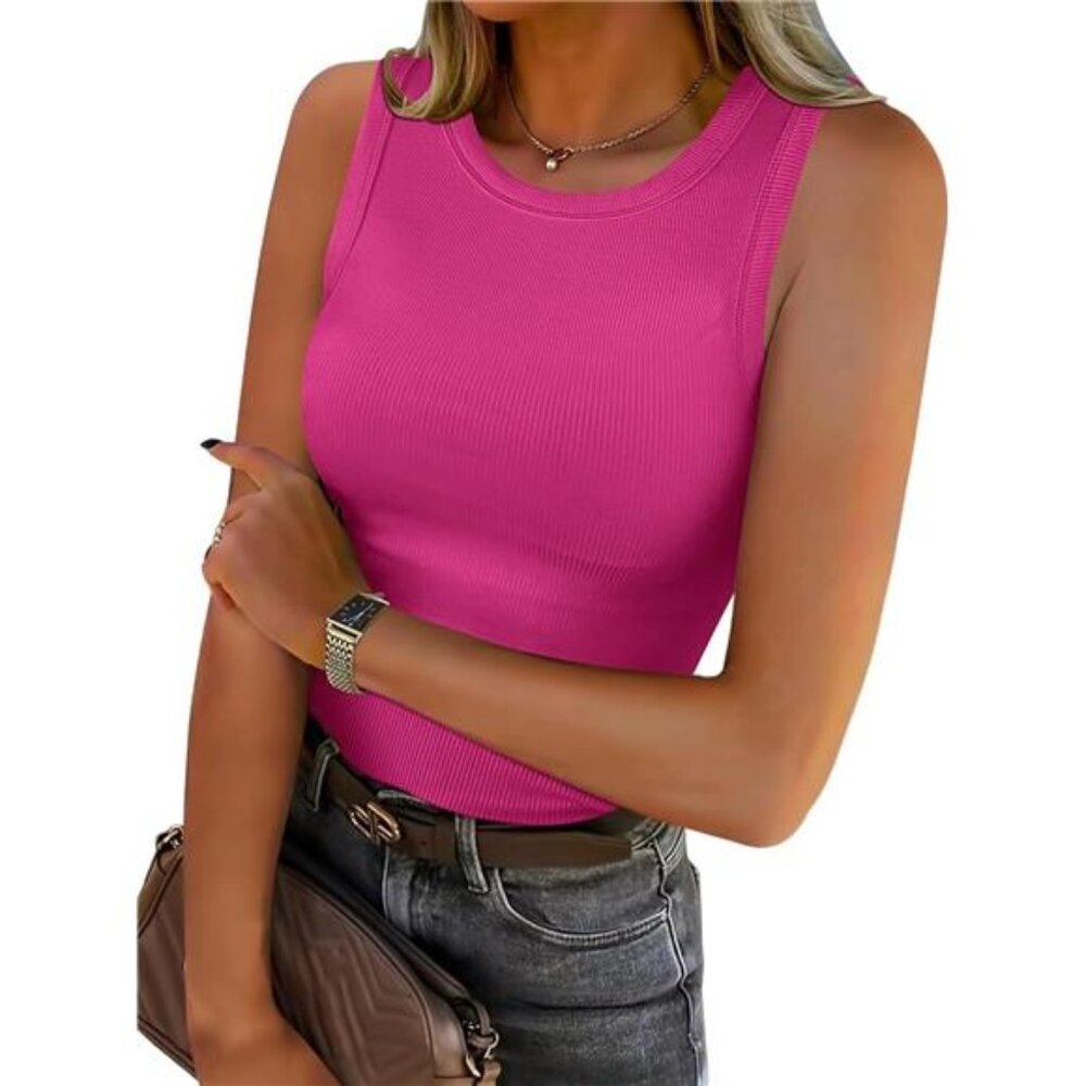 Womens Sleeveless High Neck Tank Top, Hot Pink